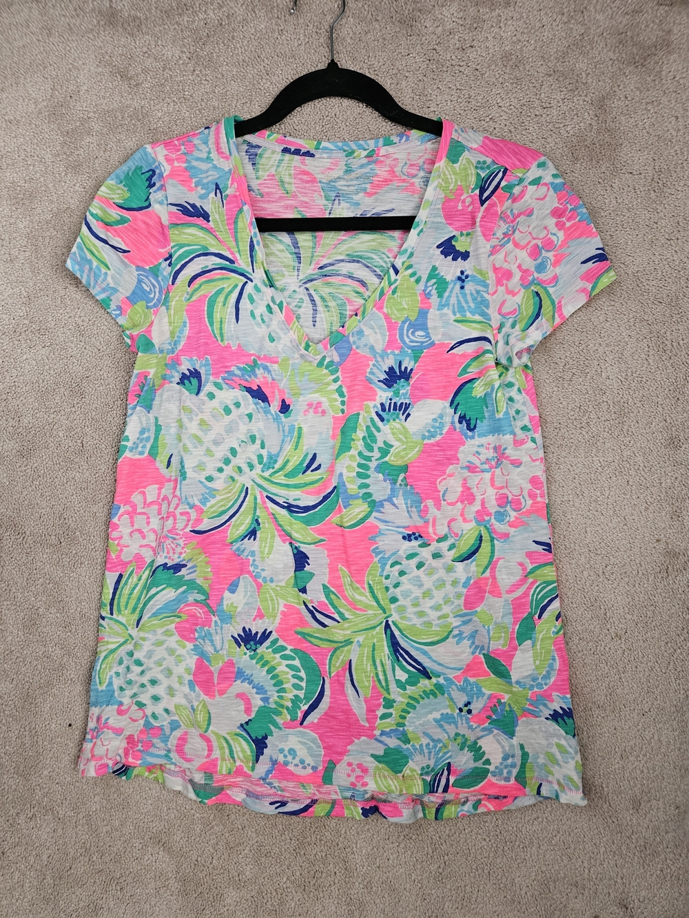 Lilly Pulitzer Neon Pink, Aqua & Lime Floral V-Neck Tee